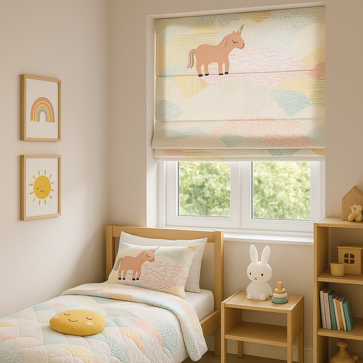 Pastel Unicorn Pure Linen Roman Blind – Made-to-Measure Kids & Nursery | Light-Filter or Blackout