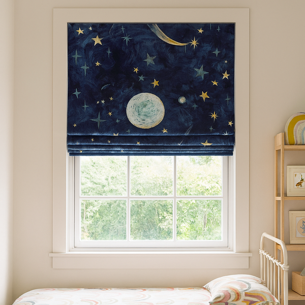 Night-Sky Moon & Stars Pure Linen Roman Blind – Made-to-Measure Kids & Nursery | Light-Filter or Blackout