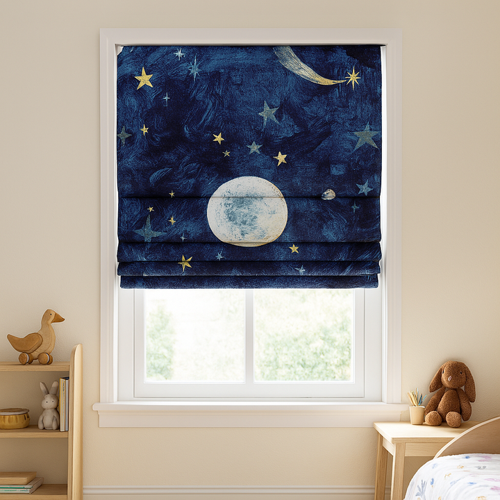 Night-Sky Moon & Stars Pure Linen Roman Blind – Made-to-Measure Kids & Nursery | Light-Filter or Blackout