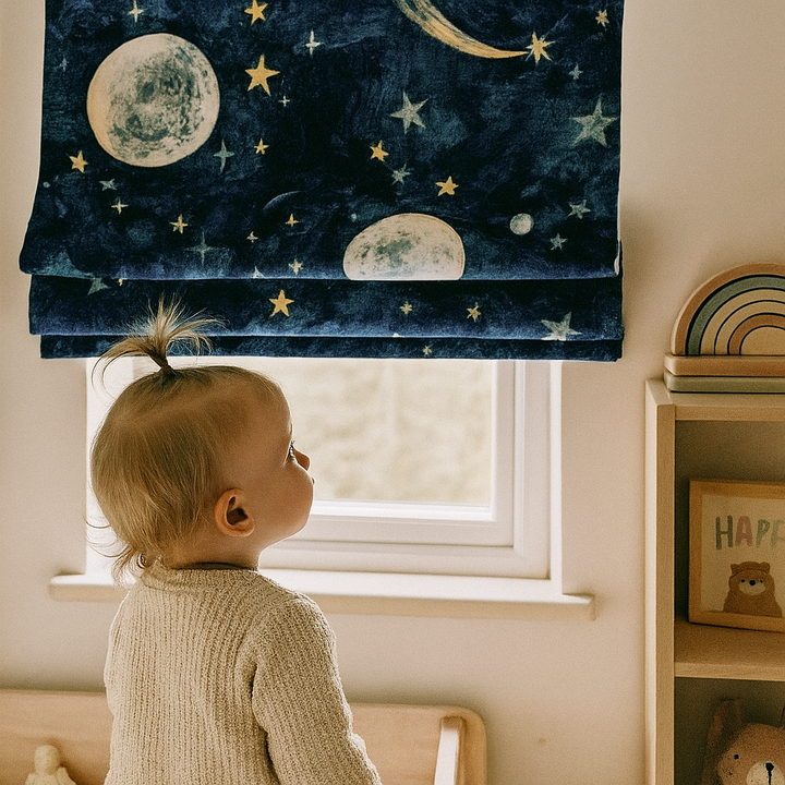 Night-Sky Moon & Stars Pure Linen Roman Blind – Made-to-Measure Kids & Nursery | Light-Filter or Blackout