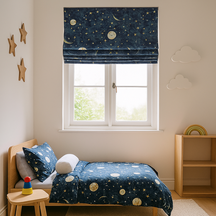 Night-Sky Moon & Stars Pure Linen Roman Blind – Made-to-Measure Kids & Nursery | Light-Filter or Blackout