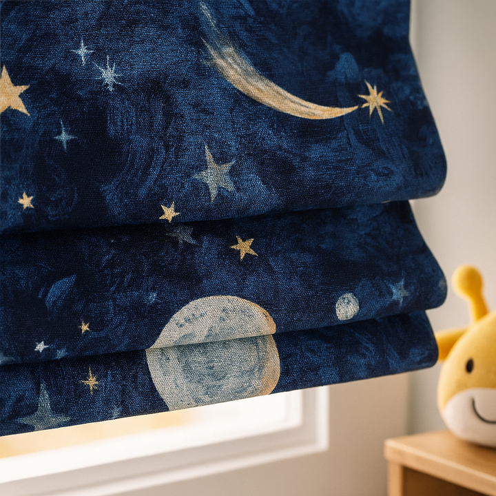 Night-Sky Moon & Stars Pure Linen Roman Blind – Made-to-Measure Kids & Nursery | Light-Filter or Blackout