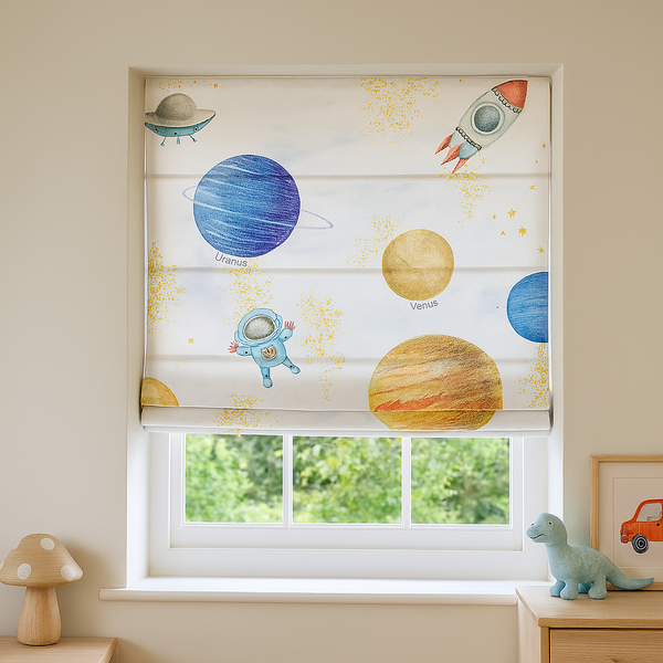 Solar System Adventure Pure Linen Roman Blind – Made-to-Measure Kids & Nursery | Light-Filter or Blackout