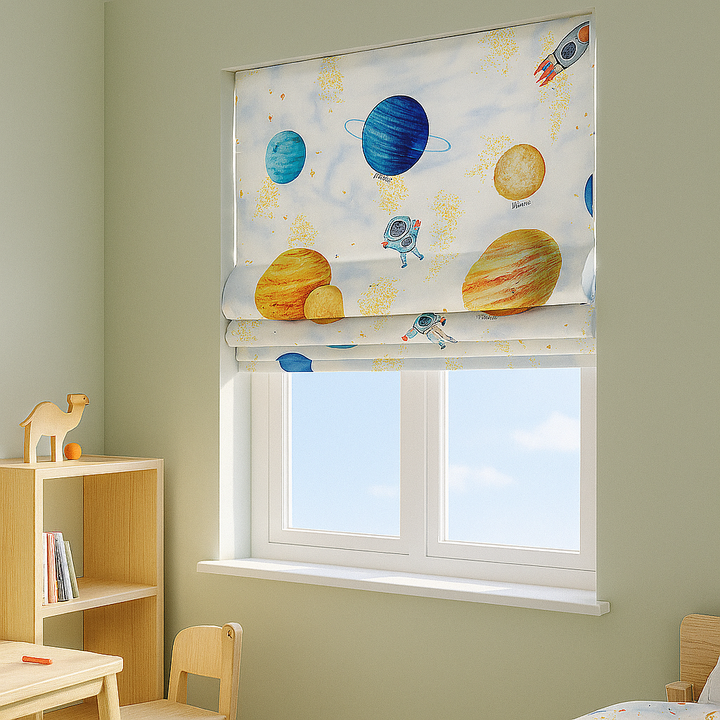 Solar System Adventure Pure Linen Roman Blind – Made-to-Measure Kids & Nursery | Light-Filter or Blackout