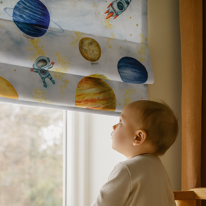 Solar System Adventure Pure Linen Roman Blind – Made-to-Measure Kids & Nursery | Light-Filter or Blackout