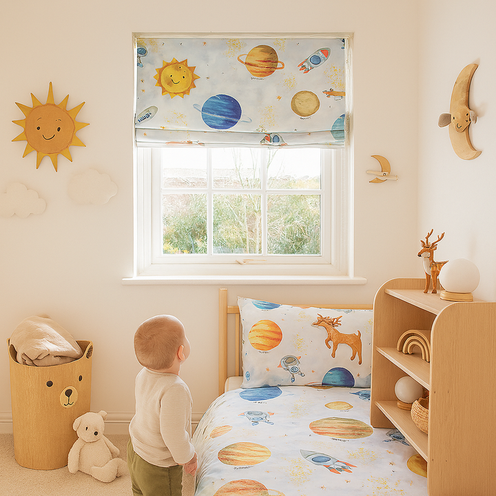 Solar System Adventure Pure Linen Roman Blind – Made-to-Measure Kids & Nursery | Light-Filter or Blackout