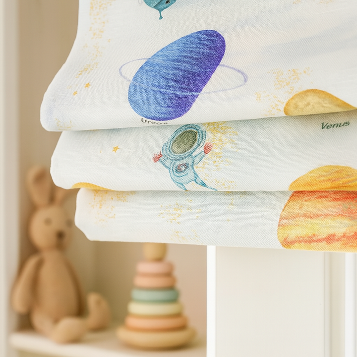 Solar System Adventure Pure Linen Roman Blind – Made-to-Measure Kids & Nursery | Light-Filter or Blackout