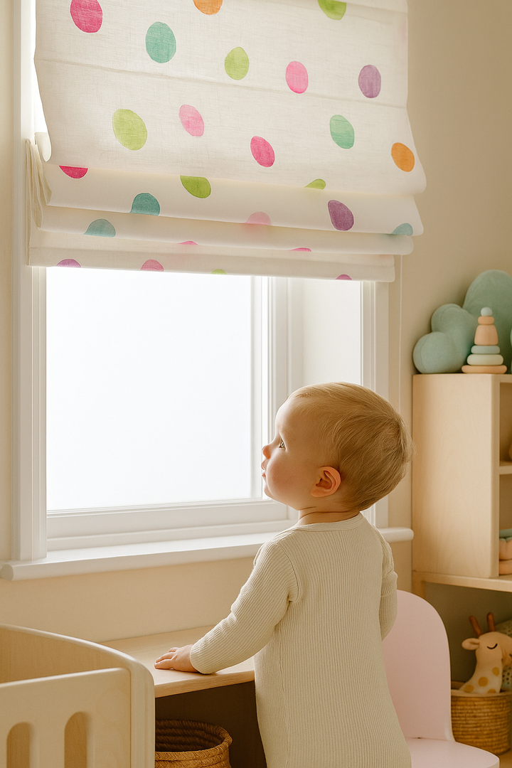 Multicolour Polka-Dot Pure Linen Roman Blind – Made-to-Measure Kids & Nursery | Light-Filter or Blackout