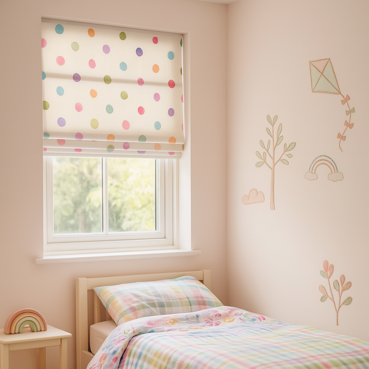 Multicolour Polka-Dot Pure Linen Roman Blind – Made-to-Measure Kids & Nursery | Light-Filter or Blackout