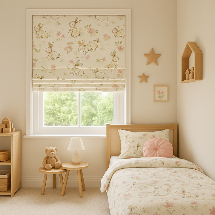 Meadow Bunny Pure Linen Roman Blind – Made-to-Measure Kids & Nursery | Light-Filter or Blackout