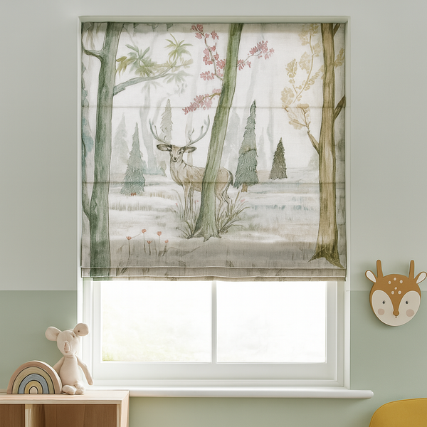 Woodland Deer Watercolour Linen Roman Blind – Made-to-Measure Kids & Nursery | Light-Filter or Blackout