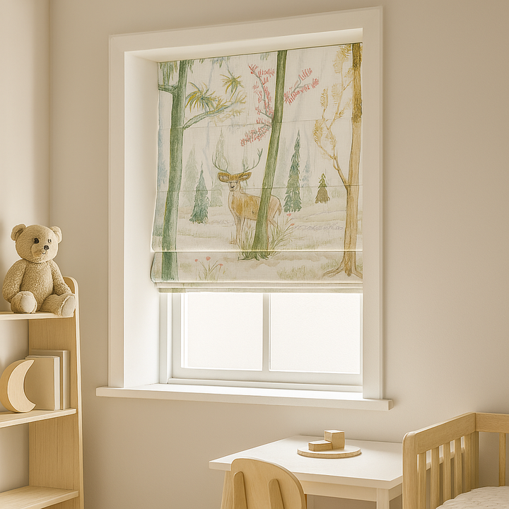 Woodland Deer Watercolour Linen Roman Blind – Made-to-Measure Kids & Nursery | Light-Filter or Blackout