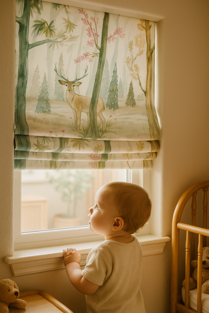 Woodland Deer Watercolour Linen Roman Blind – Made-to-Measure Kids & Nursery | Light-Filter or Blackout