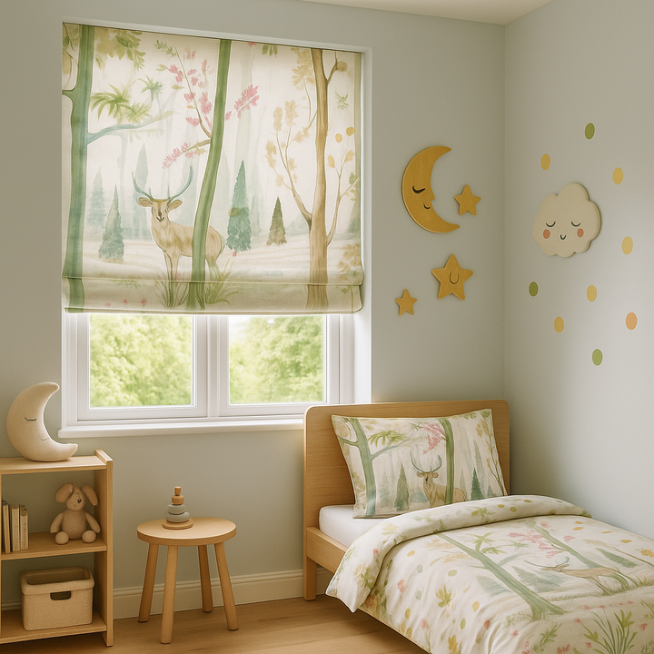 Woodland Deer Watercolour Linen Roman Blind – Made-to-Measure Kids & Nursery | Light-Filter or Blackout