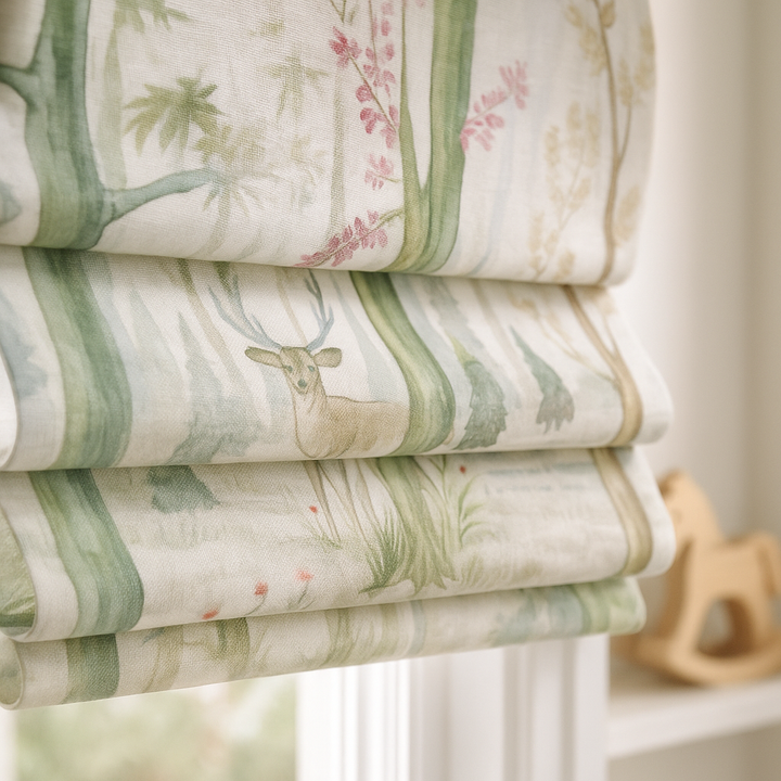 Woodland Deer Watercolour Linen Roman Blind – Made-to-Measure Kids & Nursery | Light-Filter or Blackout