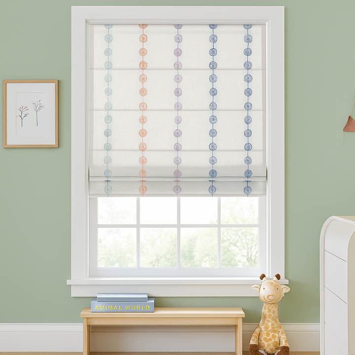 Pastel Ombre Stripe Embroidered Pure Linen Roman Blind – Made-to-Measure Kids & Nursery | Light-Filter or Blackout