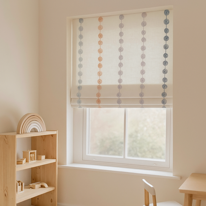 Pastel Ombre Stripe Embroidered Pure Linen Roman Blind – Made-to-Measure Kids & Nursery | Light-Filter or Blackout