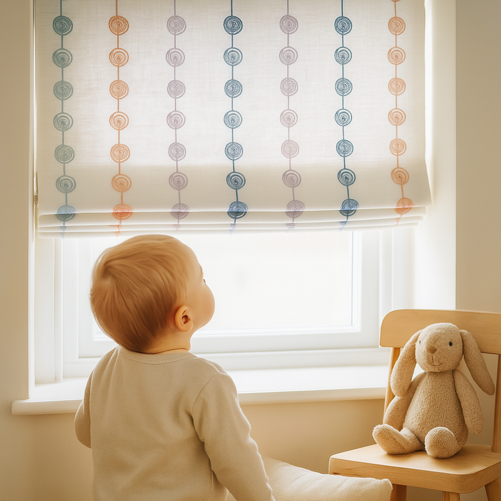 Pastel Ombre Stripe Embroidered Pure Linen Roman Blind – Made-to-Measure Kids & Nursery | Light-Filter or Blackout