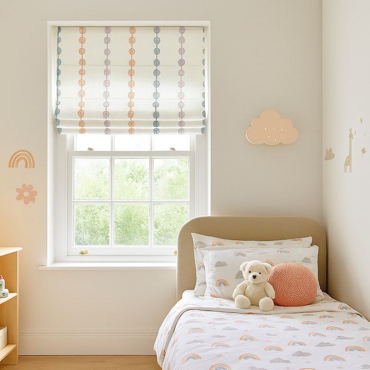 Pastel Ombre Stripe Embroidered Pure Linen Roman Blind – Made-to-Measure Kids & Nursery | Light-Filter or Blackout