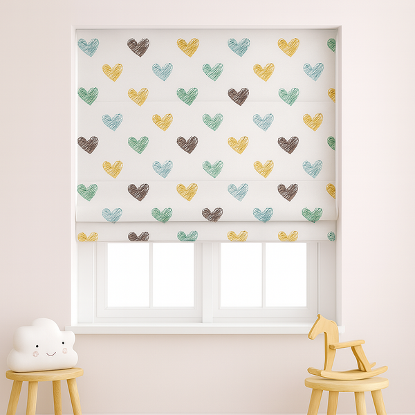 Scribble Hearts Pure Linen Roman Blind – 5 Colourways | Made-to-Measure Kids & Nursery | Light-Filter or Blackout