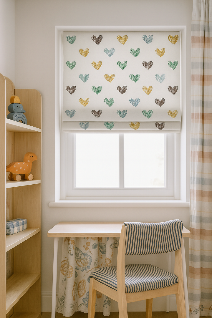 Scribble Hearts Pure Linen Roman Blind – 5 Colourways | Made-to-Measure Kids & Nursery | Light-Filter or Blackout