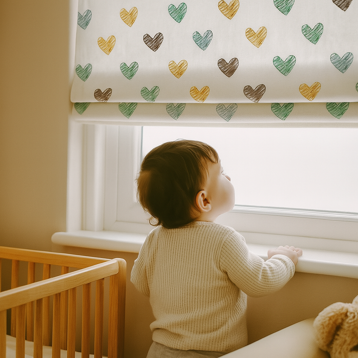Scribble Hearts Pure Linen Roman Blind – 5 Colourways | Made-to-Measure Kids & Nursery | Light-Filter or Blackout