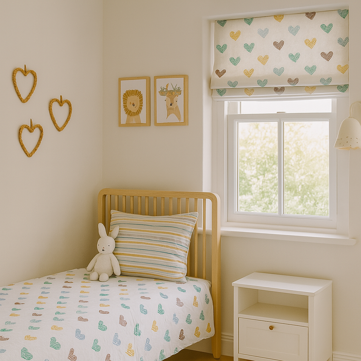 Scribble Hearts Pure Linen Roman Blind – 5 Colourways | Made-to-Measure Kids & Nursery | Light-Filter or Blackout