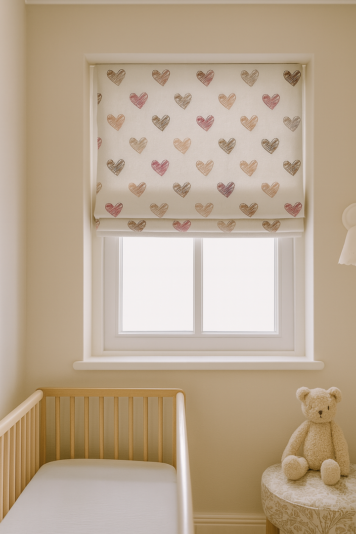 Scribble Hearts Pure Linen Roman Blind – 5 Colourways | Made-to-Measure Kids & Nursery | Light-Filter or Blackout