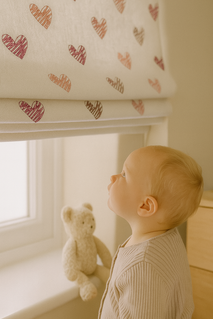 Scribble Hearts Pure Linen Roman Blind – 5 Colourways | Made-to-Measure Kids & Nursery | Light-Filter or Blackout