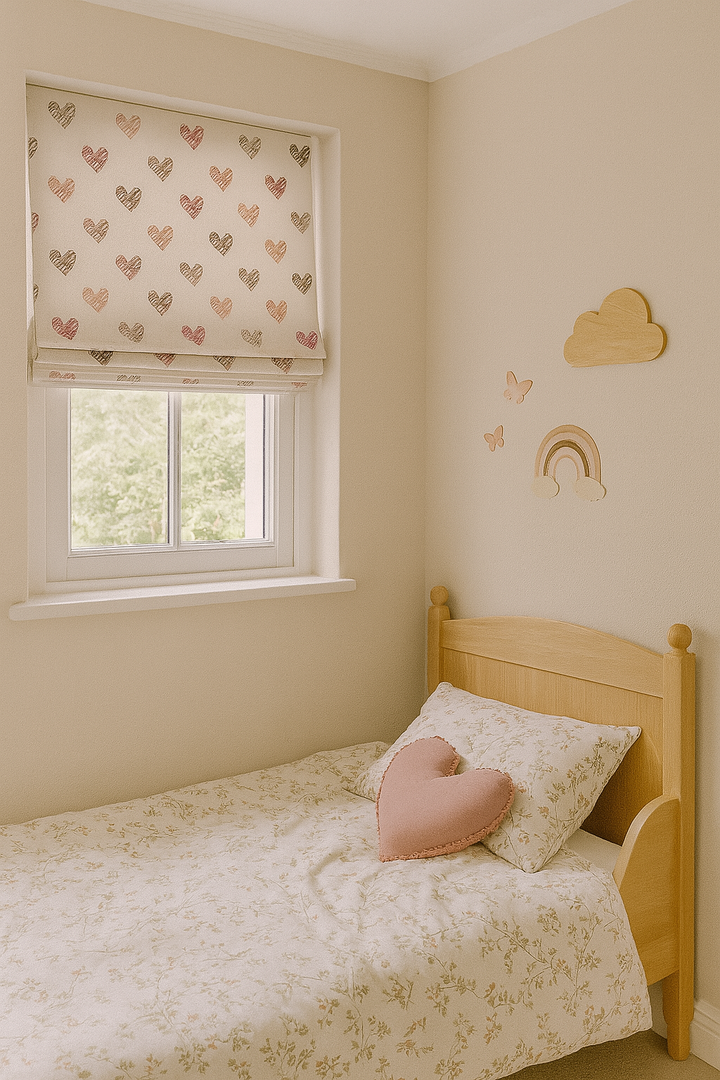 Scribble Hearts Pure Linen Roman Blind – 5 Colourways | Made-to-Measure Kids & Nursery | Light-Filter or Blackout