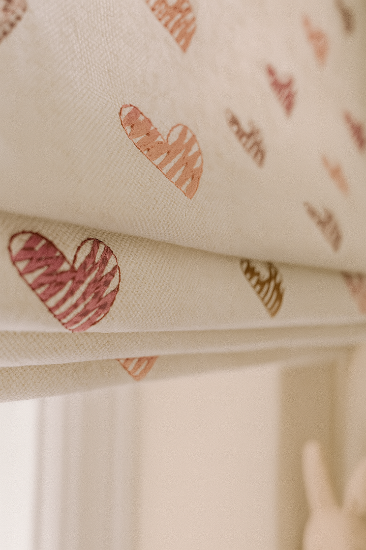 Scribble Hearts Pure Linen Roman Blind – 5 Colourways | Made-to-Measure Kids & Nursery | Light-Filter or Blackout