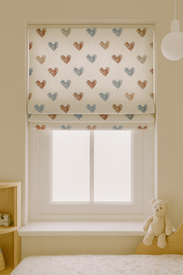 Scribble Hearts Pure Linen Roman Blind – 5 Colourways | Made-to-Measure Kids & Nursery | Light-Filter or Blackout