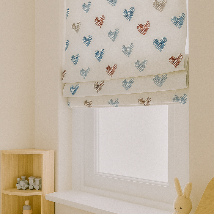 Scribble Hearts Pure Linen Roman Blind – 5 Colourways | Made-to-Measure Kids & Nursery | Light-Filter or Blackout