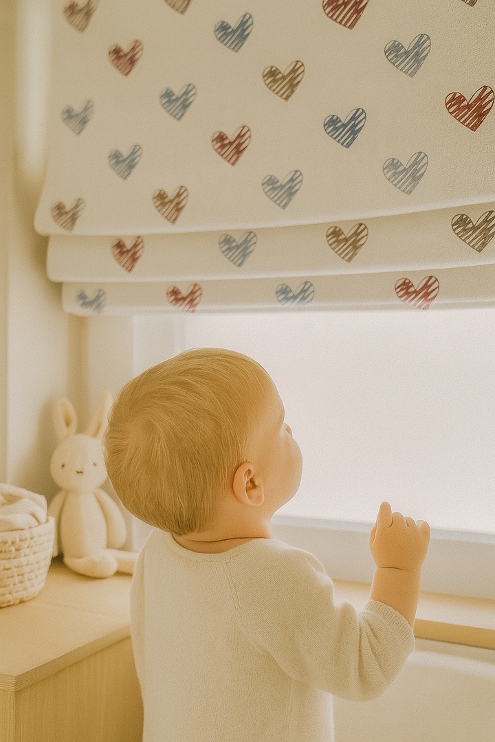 Scribble Hearts Pure Linen Roman Blind – 5 Colourways | Made-to-Measure Kids & Nursery | Light-Filter or Blackout