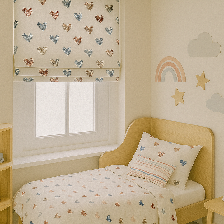 Scribble Hearts Pure Linen Roman Blind – 5 Colourways | Made-to-Measure Kids & Nursery | Light-Filter or Blackout