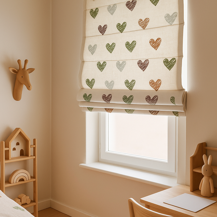 Scribble Hearts Pure Linen Roman Blind – 5 Colourways | Made-to-Measure Kids & Nursery | Light-Filter or Blackout