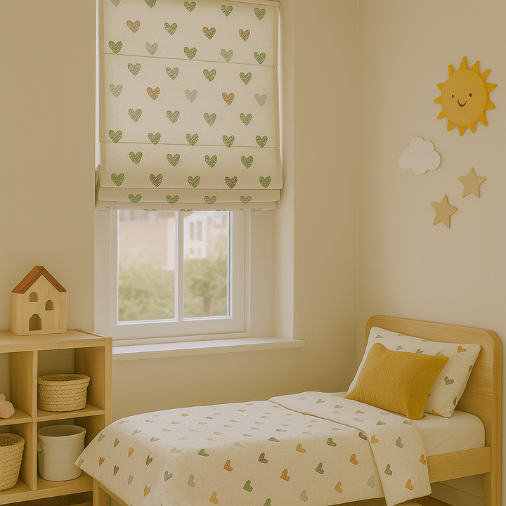 Scribble Hearts Pure Linen Roman Blind – 5 Colourways | Made-to-Measure Kids & Nursery | Light-Filter or Blackout
