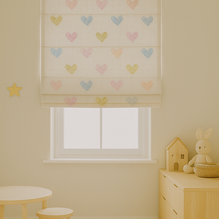 Scribble Hearts Pure Linen Roman Blind – 5 Colourways | Made-to-Measure Kids & Nursery | Light-Filter or Blackout