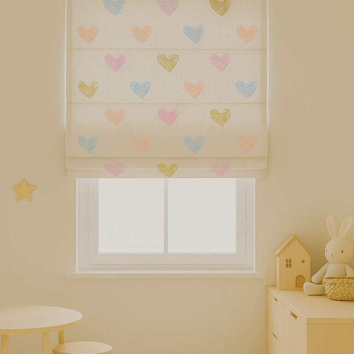 Scribble Hearts Pure Linen Roman Blind – 5 Colourways | Made-to-Measure Kids & Nursery | Light-Filter or Blackout