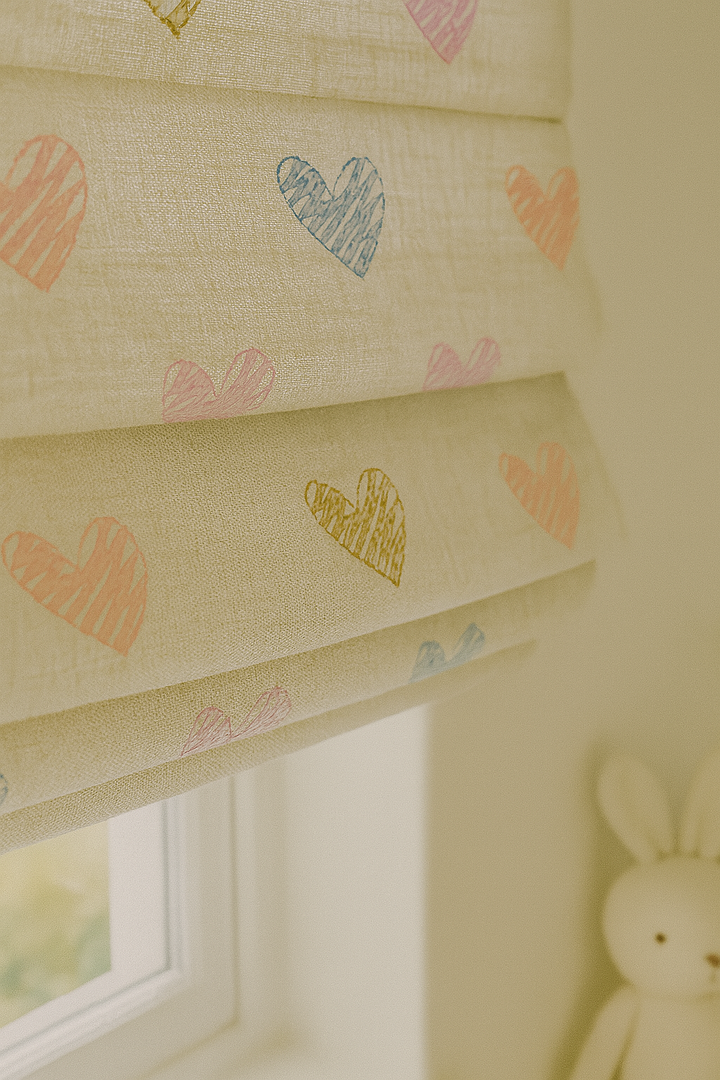 Scribble Hearts Pure Linen Roman Blind – 5 Colourways | Made-to-Measure Kids & Nursery | Light-Filter or Blackout