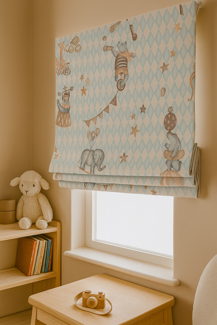 Vintage Circus Pure Linen Roman Blind – 5 Whimsical Colourways | Custom Kids & Nursery