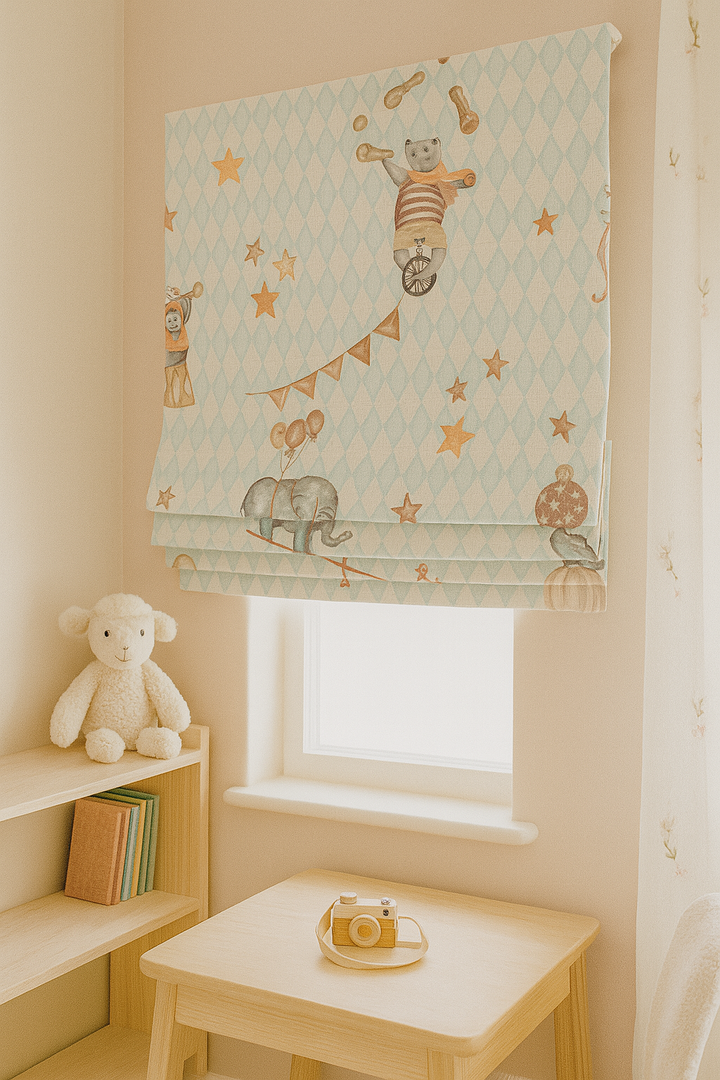 Vintage Circus Pure Linen Roman Blind – 5 Whimsical Colourways | Custom Kids & Nursery