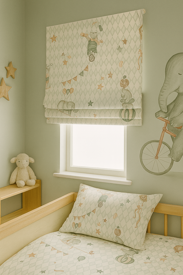 Vintage Circus Pure Linen Roman Blind – 5 Whimsical Colourways | Custom Kids & Nursery