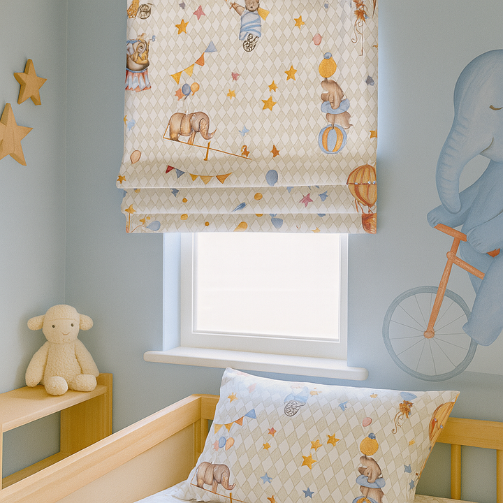 Vintage Circus Pure Linen Roman Blind – 5 Whimsical Colourways | Custom Kids & Nursery