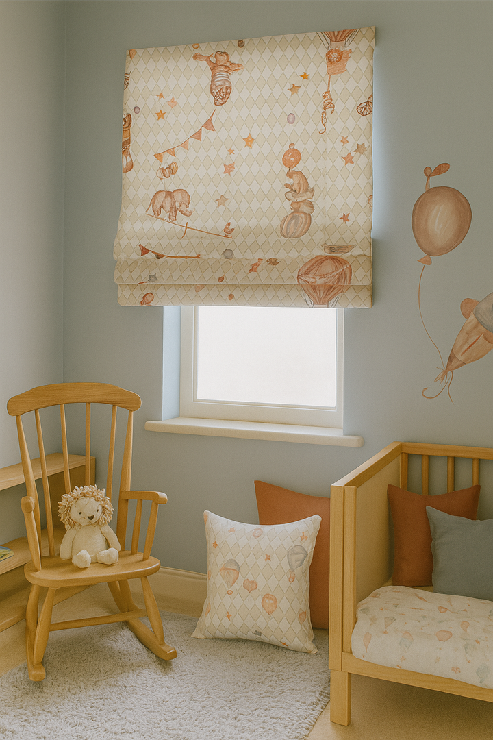 Vintage Circus Pure Linen Roman Blind – 5 Whimsical Colourways | Custom Kids & Nursery