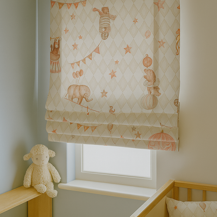 Vintage Circus Pure Linen Roman Blind – 5 Whimsical Colourways | Custom Kids & Nursery