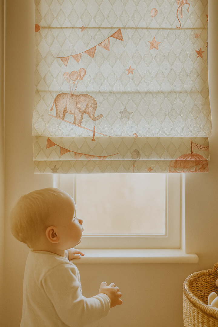 Vintage Circus Pure Linen Roman Blind – 5 Whimsical Colourways | Custom Kids & Nursery