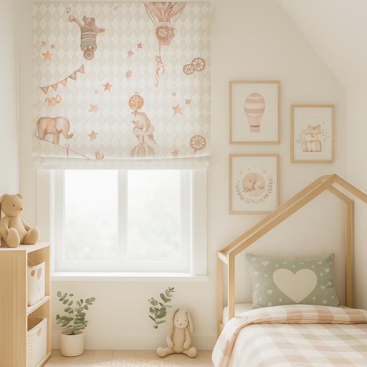 Vintage Circus Pure Linen Roman Blind – 5 Whimsical Colourways | Custom Kids & Nursery