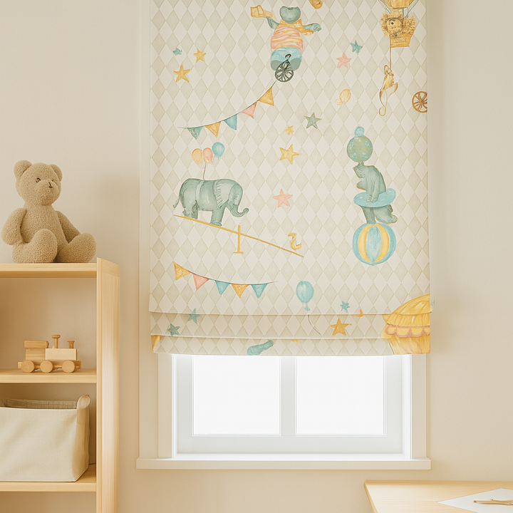 Vintage Circus Pure Linen Roman Blind – 5 Whimsical Colourways | Custom Kids & Nursery