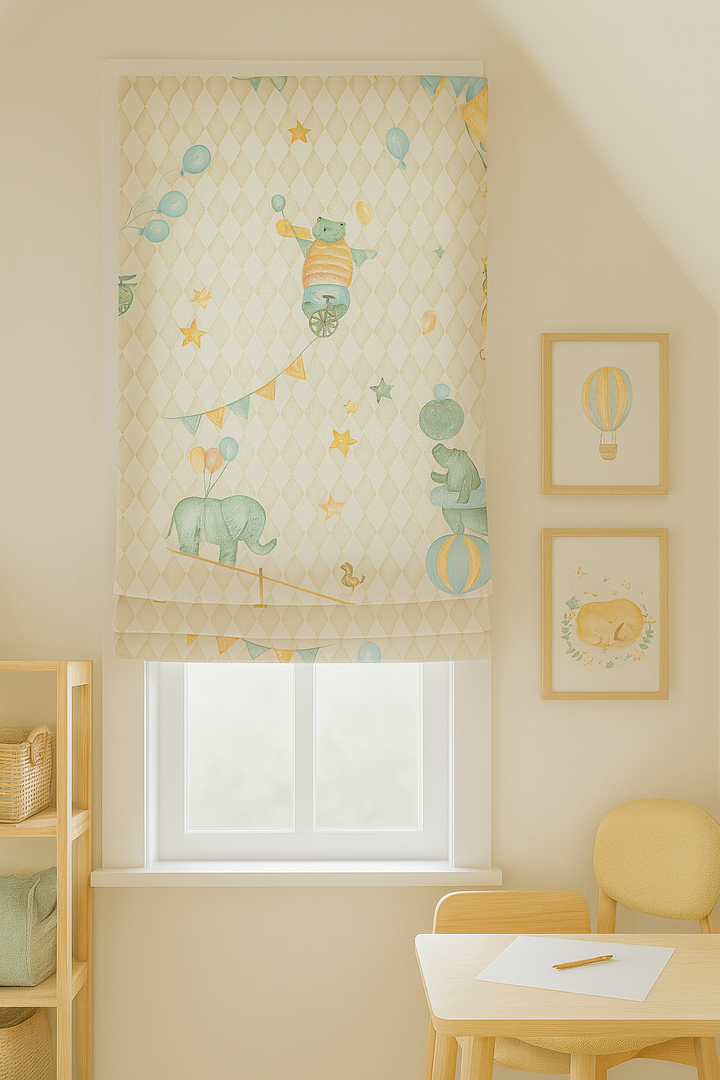 Vintage Circus Pure Linen Roman Blind – 5 Whimsical Colourways | Custom Kids & Nursery
